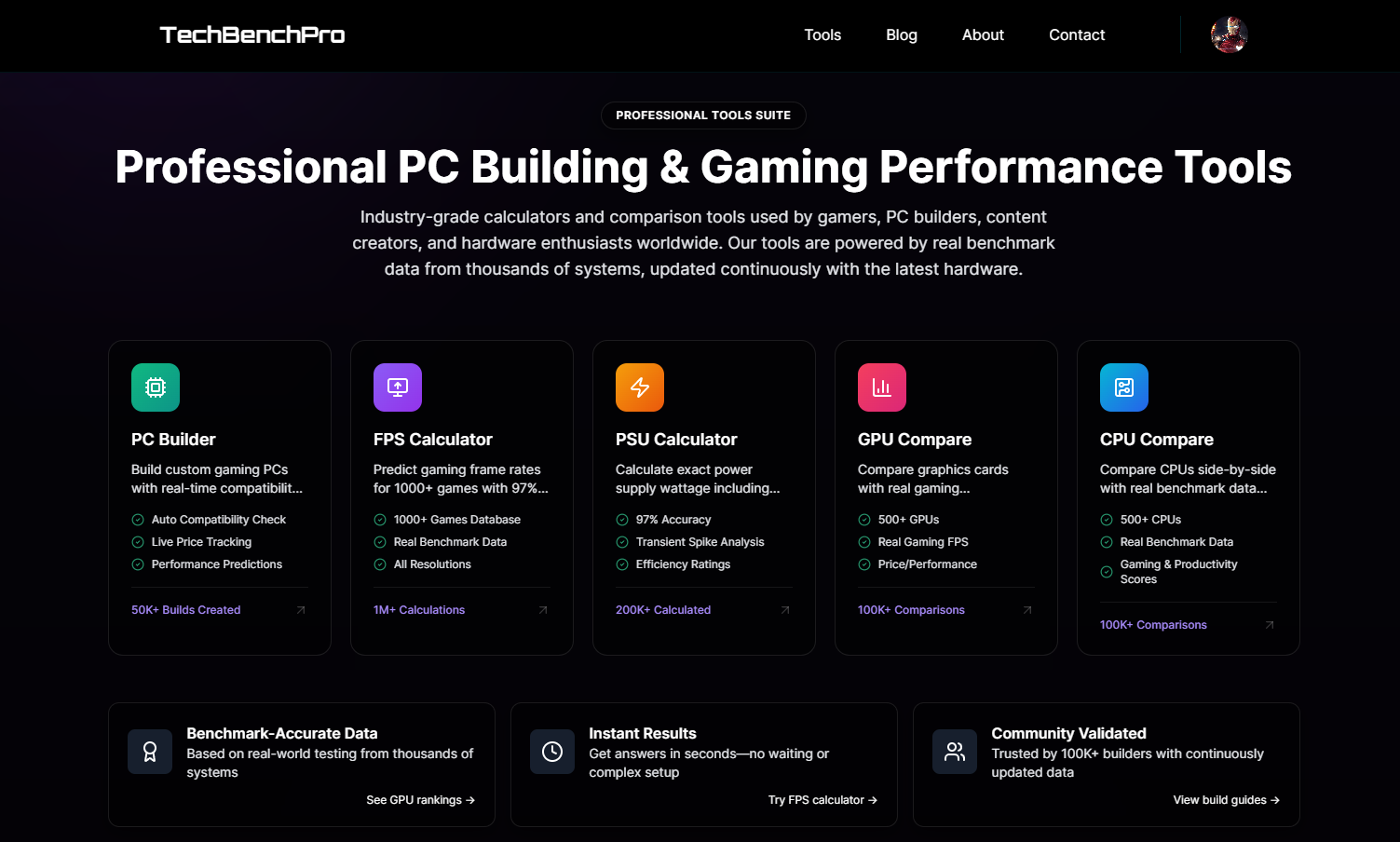 TechBenchPro interface showing hardware comparison tools, FPS calculator, and PC builder